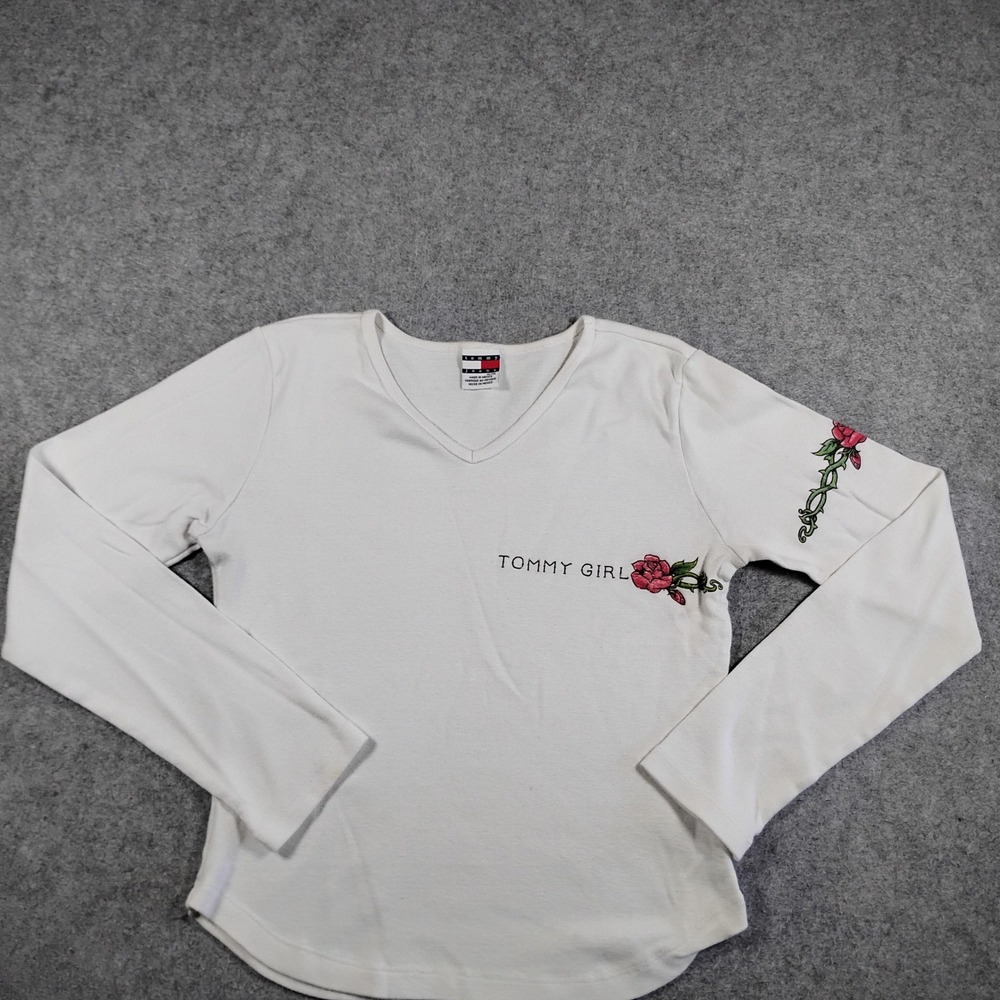 Tommy Girl Vintage 90s White Rose Graphic Long Sleeve V-Neck Tee Kids XL Y2K